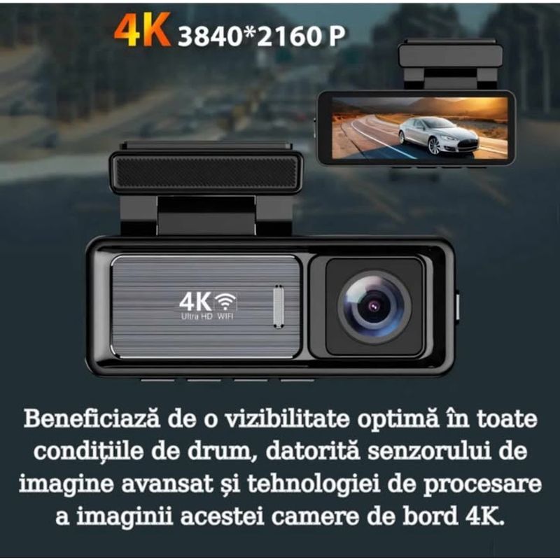 Auto si Moto - Electronice auto - Camere auto si DVR - Camera Auto DVR 4K UHD dubla, Inclus Card 64GB + Kit 24 ore,  Wi-Fi & GPS, Display 3.2 inch - Infinity.ro