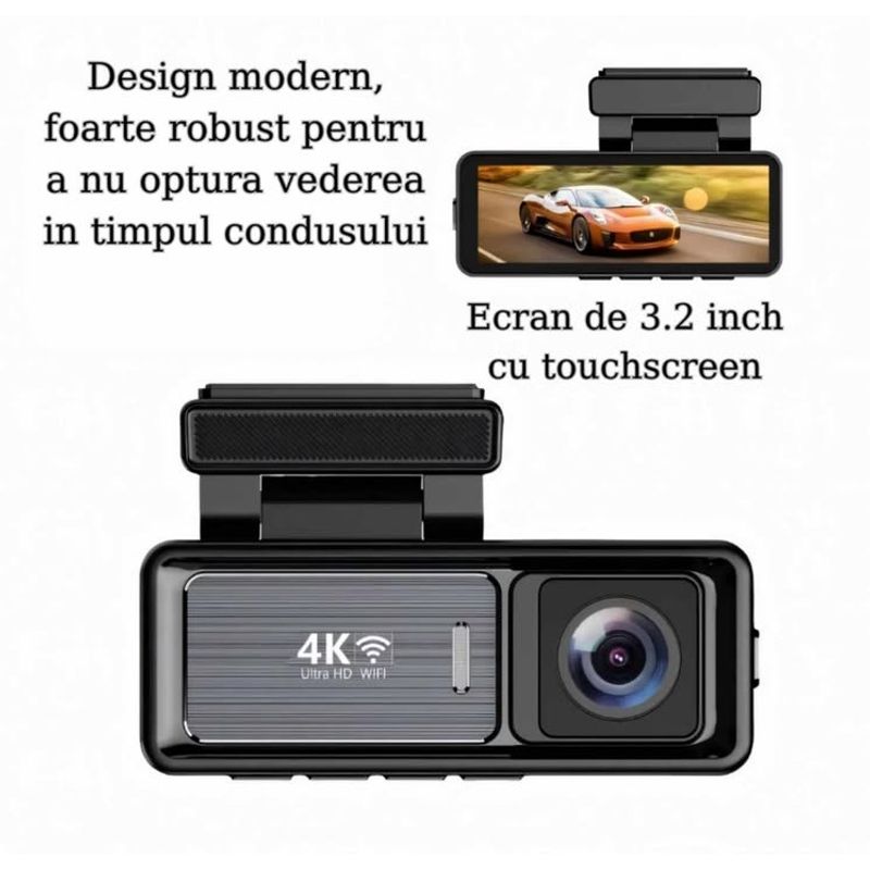Auto si Moto - Electronice auto - Camere auto si DVR - Camera Auto DVR 4K UHD dubla, Inclus Card 64GB + Kit 24 ore,  Wi-Fi & GPS, Display 3.2 inch - Infinity.ro