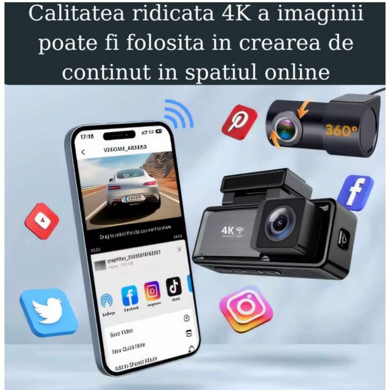 Auto si Moto - Electronice auto - Camere auto si DVR - Camera Auto DVR 4K UHD dubla, Inclus Card 64GB + Kit 24 ore,  Wi-Fi & GPS, Display 3.2 inch - Infinity.ro