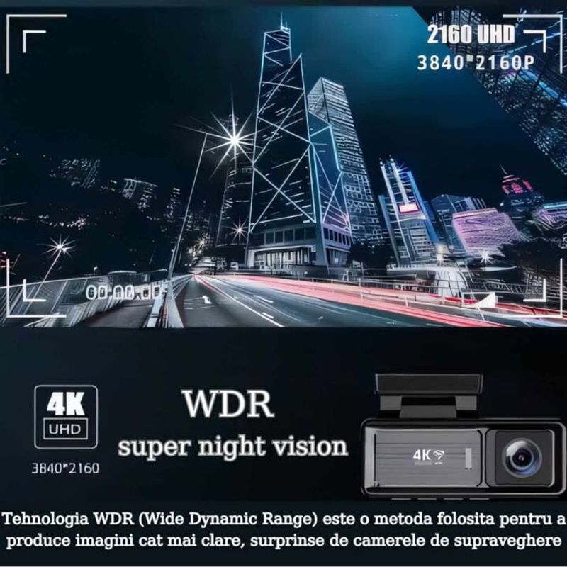 Auto si Moto - Electronice auto - Camere auto si DVR - Camera Auto DVR 4K UHD dubla, Inclus Card 64GB + Kit 24 ore,  Wi-Fi & GPS, Display 3.2 inch - Infinity.ro