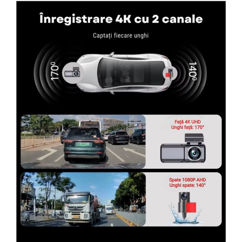 Auto si Moto - Electronice auto - Camere auto si DVR - Camera Auto DVR 4K UHD dubla, Inclus Card 64GB + Kit 24 ore,  Wi-Fi & GPS, Display 3.2 inch - Infinity.ro