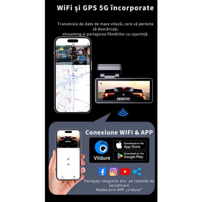 Auto si Moto - Electronice auto - Camere auto si DVR - Camera Auto DVR 4K UHD dubla, Inclus Card 64GB + Kit 24 ore,  Wi-Fi & GPS, Display 3.2 inch - Infinity.ro