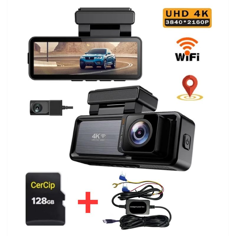 Auto si Moto - Electronice auto - Camere auto si DVR - Camera Auto DVR 4K UHD dubla, Inclus Card 64GB + Kit 24 ore,  Wi-Fi & GPS, Display 3.2 inch - Infinity.ro