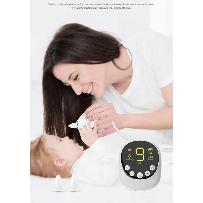 Jucarii, Copii si Bebe - Igiena si ingrijire - Accesorii ingrijire copii - Aspiratoare nazale si accesorii - Aspirator Nazal Electric pentru Bebelusi, Portabil, 2500 mAh, 9 niveluri de aspiratie, Putere 65-70 Kpa, Reincarcabil - Infinity.ro