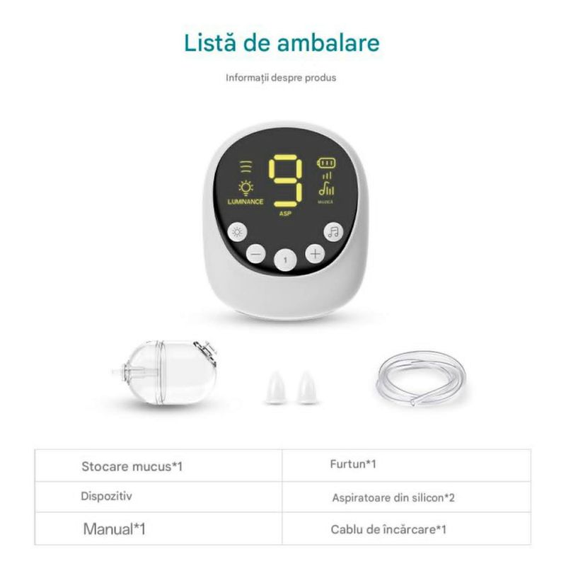 Jucarii, Copii si Bebe - Igiena si ingrijire - Accesorii ingrijire copii - Aspiratoare nazale si accesorii - Aspirator Nazal Electric pentru Bebelusi, Portabil, 2500 mAh, 9 niveluri de aspiratie, Putere 65-70 Kpa, Reincarcabil - Infinity.ro