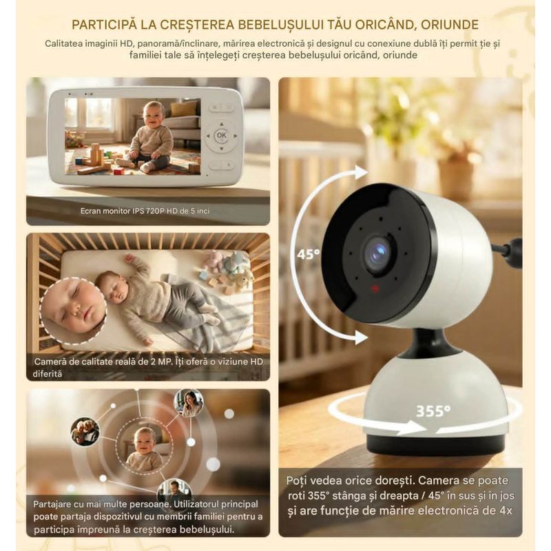 Casa si Gradina - Mobilier - Mobilier copii - Monitoare video copii - Camera Video pentru Bebelusi 2 in 1 KB11, Baby Monitor si Telefon, Detectie Miscare/Sunet, Cloud + SD, Wireless, 3MP - Infinity.ro