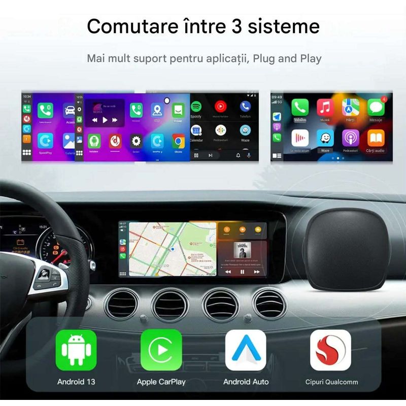 Auto si Moto - Electronice auto - Multimedia auto - Adaptor Wireless CarPlay Android Auto, 4Gb Ram 64 Gb, Octa Core, Cip Qualcomm 6225, YouTube,  IOS si Android, Sim 4g - Infinity.ro