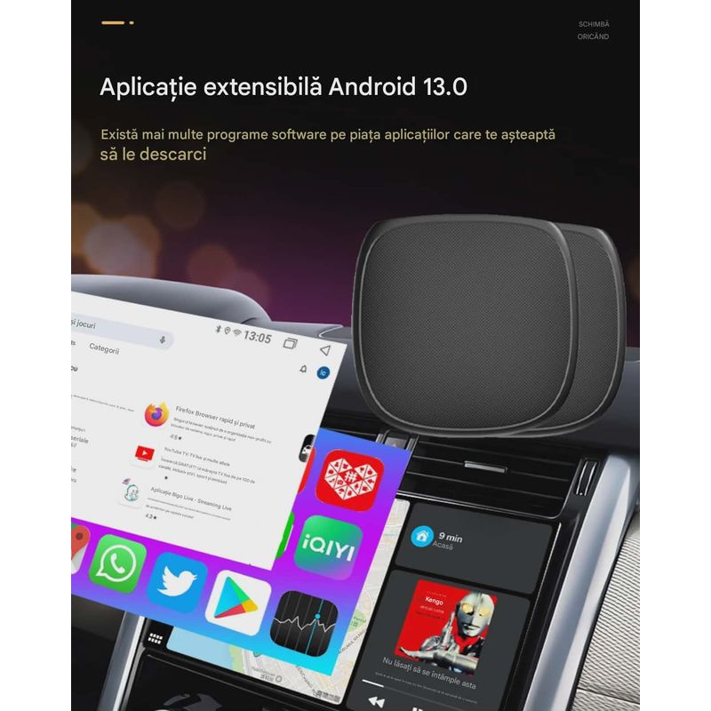Auto si Moto - Electronice auto - Multimedia auto - Adaptor Wireless CarPlay Android Auto, 4Gb Ram 64 Gb, Octa Core, Cip Qualcomm 6225, YouTube,  IOS si Android, Sim 4g - Infinity.ro