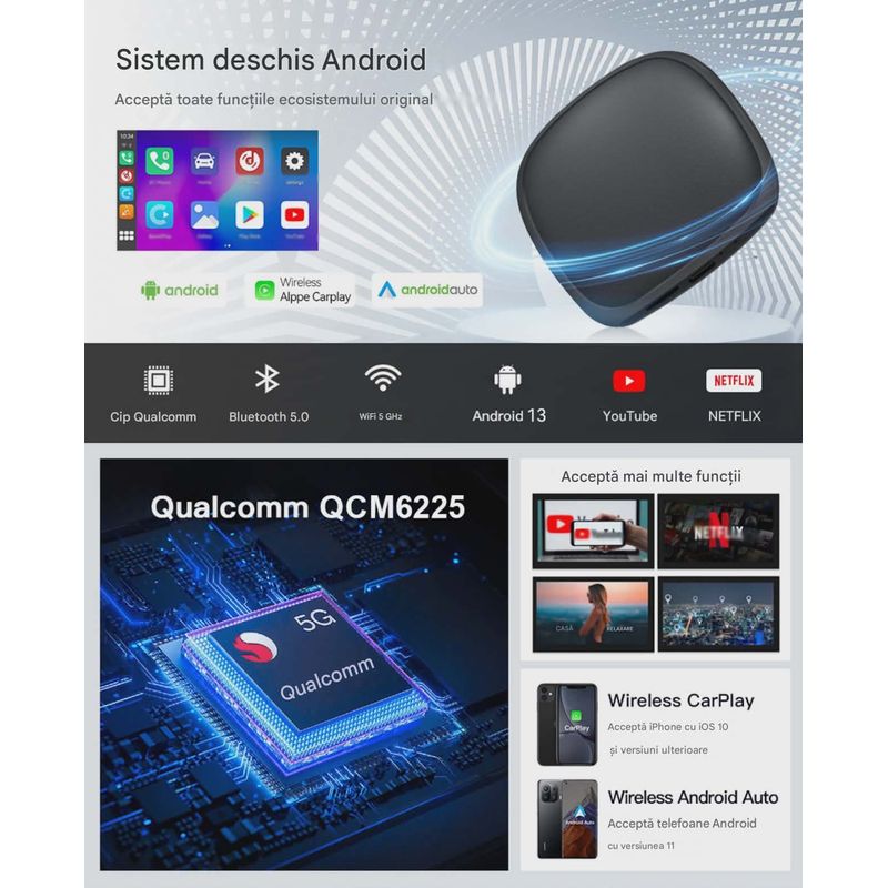 Auto si Moto - Electronice auto - Multimedia auto - Adaptor Wireless CarPlay Android Auto, 4Gb Ram 64 Gb, Octa Core, Cip Qualcomm 6225, YouTube,  IOS si Android, Sim 4g - Infinity.ro