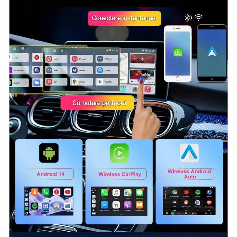 Auto si Moto - Electronice auto - Multimedia auto - Adaptor Wireless CarPlay Android Auto, 4Gb Ram 64 Gb, Octa Core, Cip Qualcomm 6225, YouTube,  IOS si Android, Sim 4g - Infinity.ro