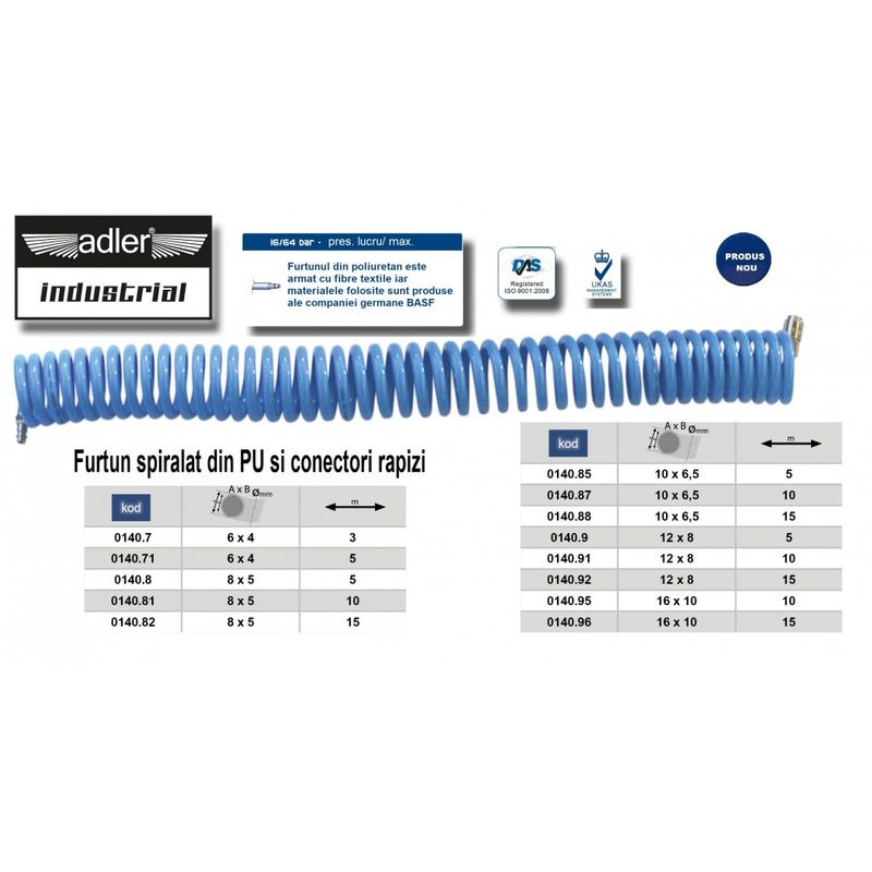 Casa si Gradina - Electrice - Echipamente electrice - Accesorii compresoare - Furtun spiralat conectori aer comprimat din PU 8 x 5mm; 5m; 12-37 bari. ADLER AD0140.8 - Infinity.ro