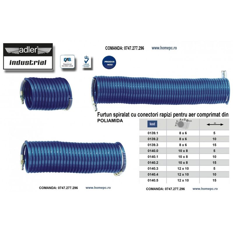 Casa si Gradina - Constructii - Scule profesionale - Scule pneumatice - Furtun spiralat conectori aer comprimat din PA 8x6mm 15m 24/71 bari ADLER MA0139.3 - Infinity.ro