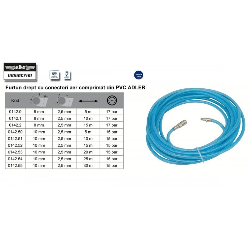 Casa si Gradina - Constructii - Scule profesionale - Scule pneumatice - Furtun drept cu conectori aer comprimat din PVC 13x8mm 15m ADLER AD0142.2 - Infinity.ro