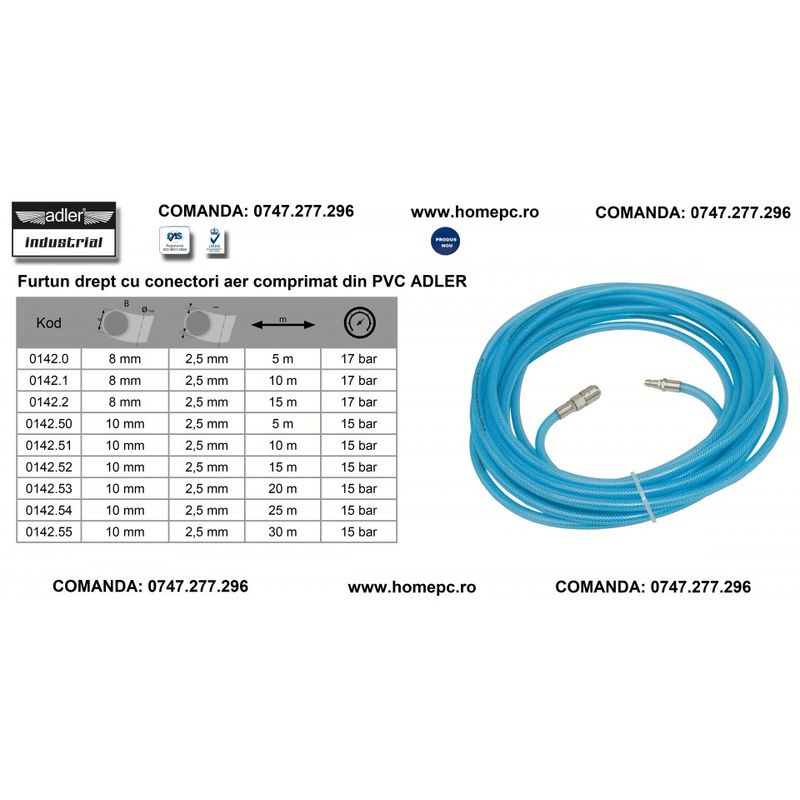 Casa si Gradina - Constructii - Scule profesionale - Scule pneumatice - Furtun drept cu conectori aer comprimat din PVC 13x8mm 15m ADLER AD0142.2 - Infinity.ro
