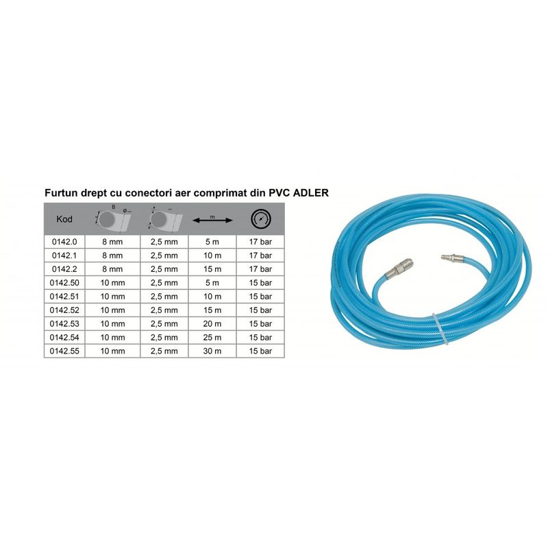 Casa si Gradina - Constructii - Scule profesionale - Scule pneumatice - Furtun drept cu conectori aer comprimat din PVC 13x8mm 15m ADLER AD0142.2 - Infinity.ro
