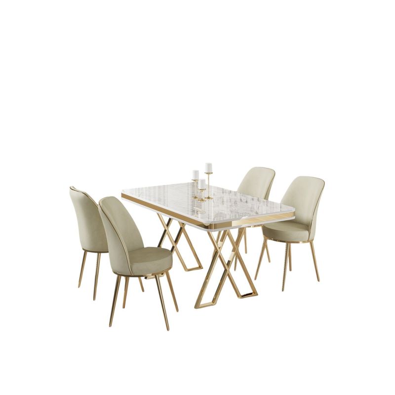 Casa si Gradina - Mobilier - Seturi de mobilier - Seturi living - Set masă dining cu scaune (5 bucăți) Hanah Home, metal, 130 x 80 x 74 cm, alb/auriu/crem, 240CHR2335 - Infinity.ro