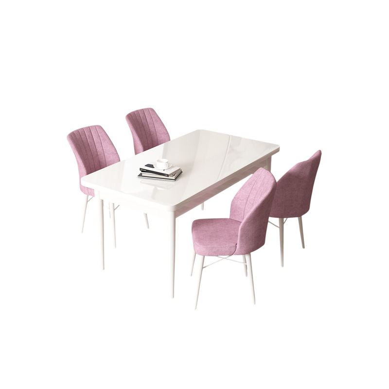 Casa si Gradina - Mobilier - Seturi de mobilier - Seturi living - Set masă dining cu scaune (5 bucăți) Hanah Home, PAL melaminat, 110 x 71 x 76 cm, alb/roz, 240CHR2144 - Infinity.ro