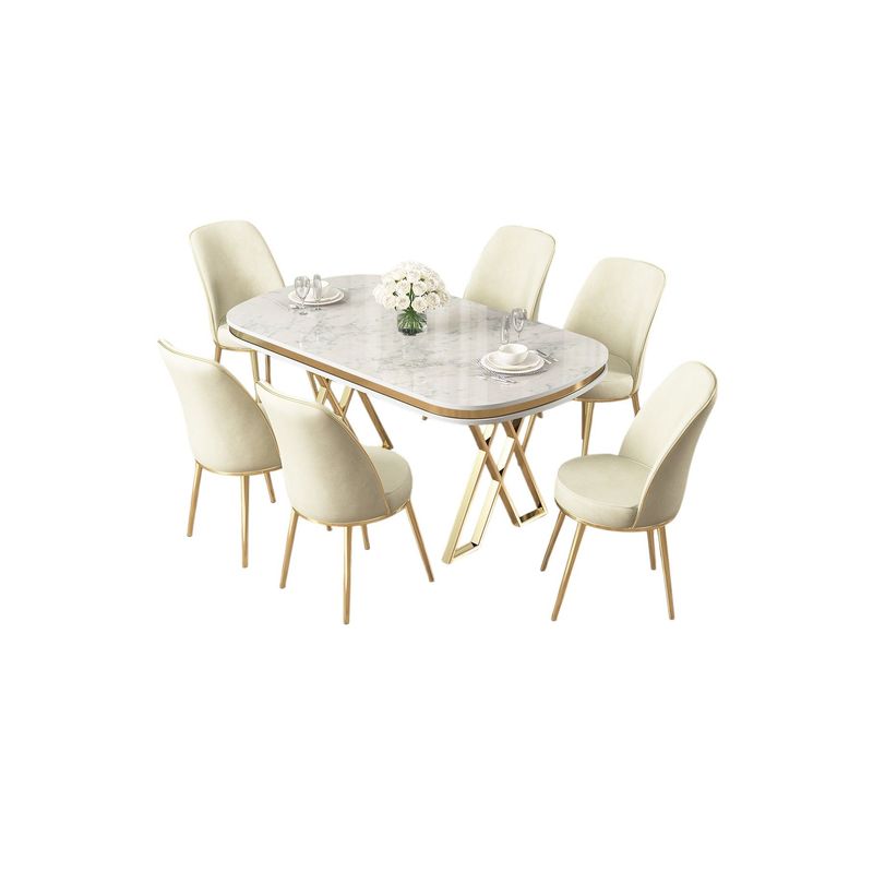 Casa si Gradina - Mobilier - Seturi de mobilier - Seturi living - Set masă dining cu scaune (7 bucăți) Hanah Home, metal, 168 x 90 x 76 cm, alb/auriu/crem, 240CHR2360 - Infinity.ro