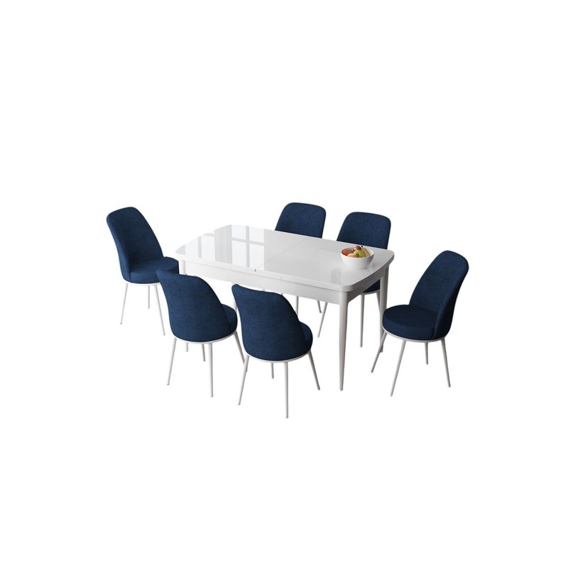 Casa si Gradina - Mobilier - Seturi de mobilier - Seturi living - Set masă extensibilă cu scaune (7 bucăți) Hanah Home, MDF, 132 x 80 x 78 cm, alb/bleumarin, 240CHR2596 - Infinity.ro