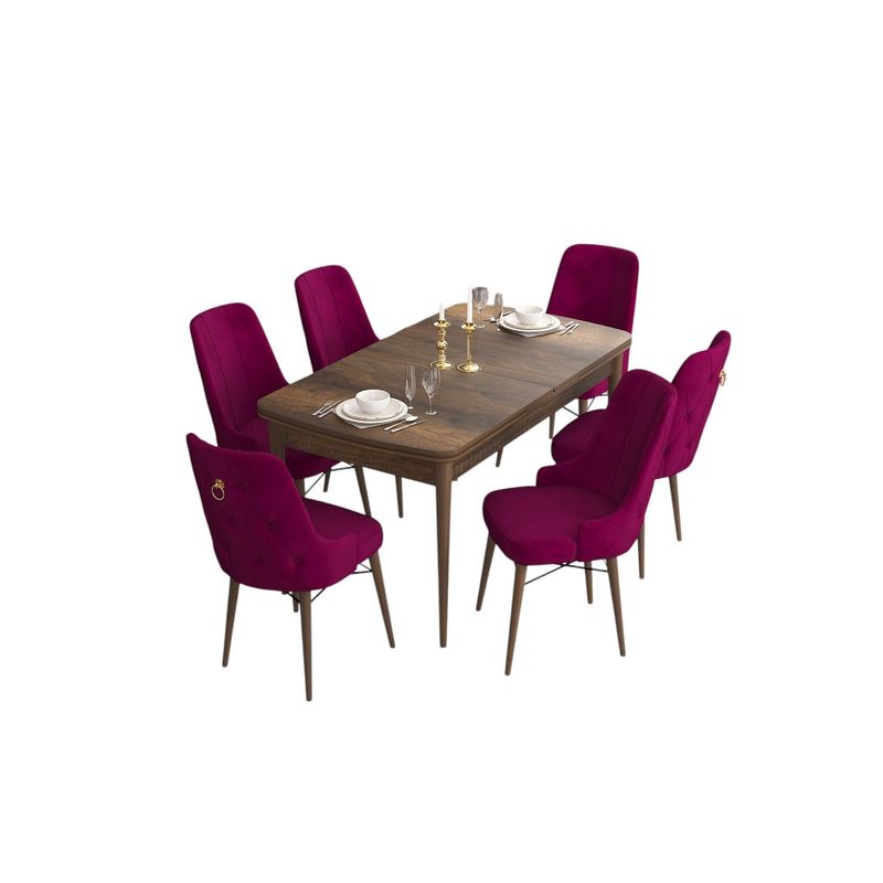Casa si Gradina - Mobilier - Seturi de mobilier - Seturi living - Set masă extensibilă cu scaune (7 bucăți) Hanah Home, MDF, 132 x 80 x 78 cm, baroque/damson, 240CHR2417 - Infinity.ro