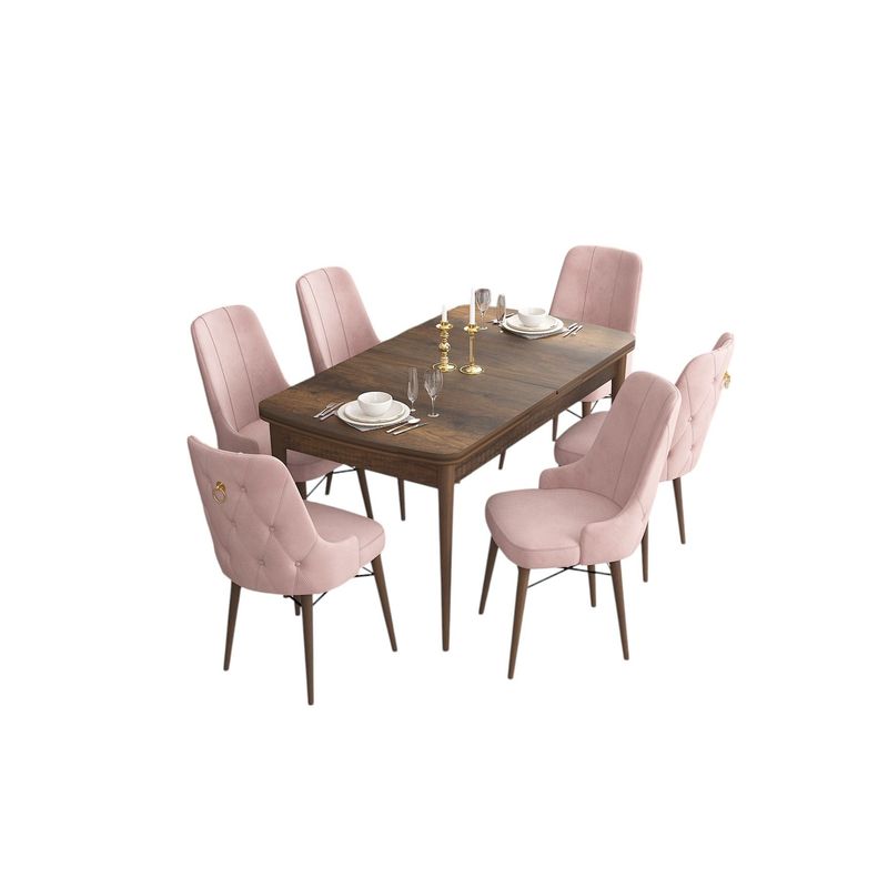 Casa si Gradina - Mobilier - Seturi de mobilier - Seturi living - Set masă extensibilă cu scaune (7 bucăți) Hanah Home, MDF, 132 x 80 x 78 cm, baroque/roz, 240CHR2416 - Infinity.ro