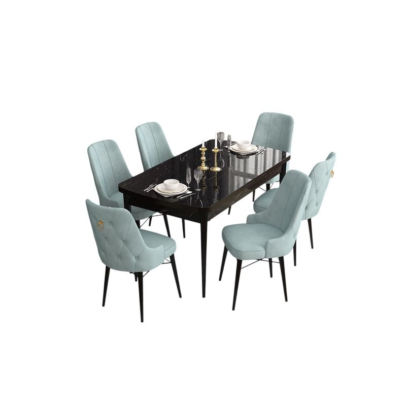 Casa si Gradina - Mobilier - Seturi de mobilier - Seturi living - Set masă extensibilă cu scaune (7 bucăți) Hanah Home, MDF, 132 x 80 x 78 cm, negru marble/sea verde, 240CHR2405 - Infinity.ro