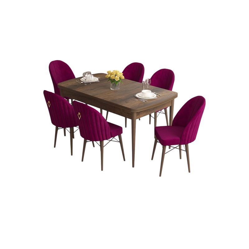 Casa si Gradina - Mobilier - Seturi de mobilier - Seturi living - Set masă extensibilă cu scaune (7 bucăți) Hanah Home, MDF, 170 x 80 x 78 cm, baroque/damson, 240CHR2582 - Infinity.ro