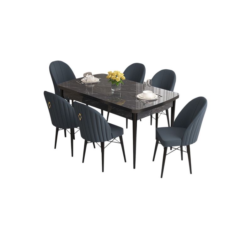 Casa si Gradina - Mobilier - Seturi de mobilier - Seturi living - Set masă extensibilă cu scaune (7 bucăți) Hanah Home, MDF, 170 x 80 x 78 cm, negru marble/antracit, 240CHR2564 - Infinity.ro
