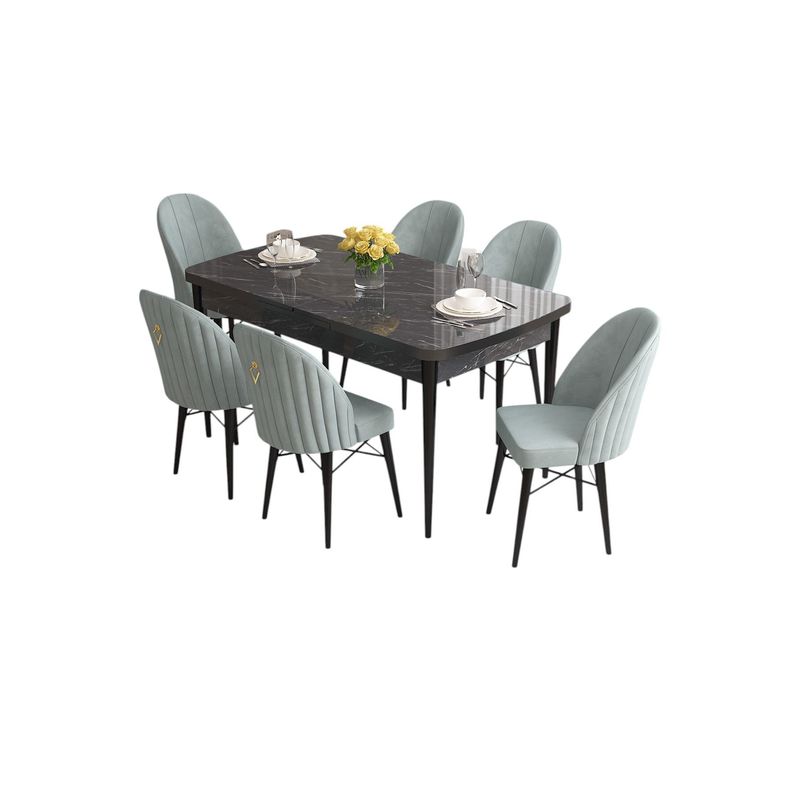 Casa si Gradina - Mobilier - Seturi de mobilier - Seturi living - Set masă extensibilă cu scaune (7 bucăți) Hanah Home, MDF, 170 x 80 x 78 cm, negru marble/sea verde, 240CHR2570 - Infinity.ro