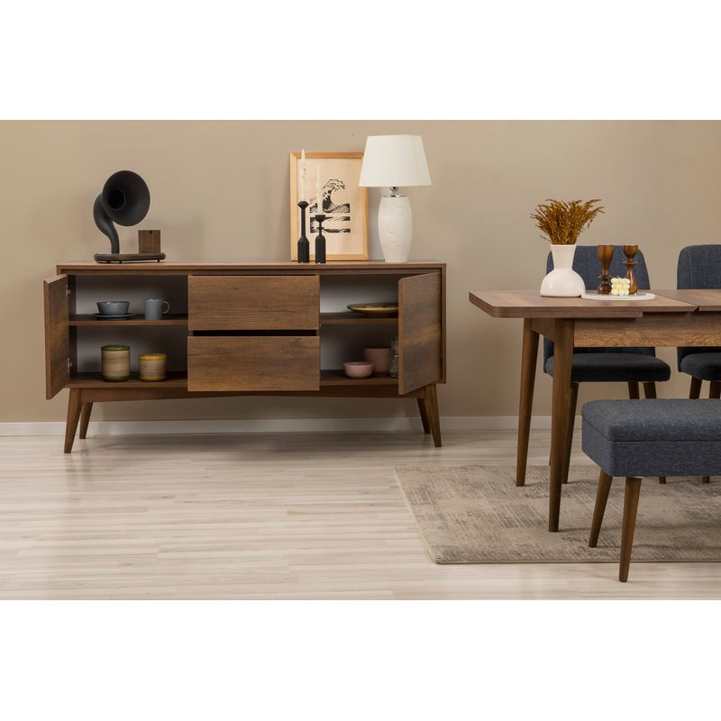 Casa si Gradina - Mobilier - Seturi de mobilier - Seturi living - Set masă extensibilă (5 bucăți), scaune/consolă Hanah Home, PAL melaminat, 130 x 80 x 76 cm, nuc/albastru închis, 869VEL8788 - Infinity.ro