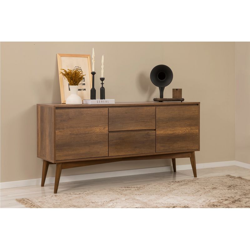 Casa si Gradina - Mobilier - Seturi de mobilier - Seturi living - Set masă extensibilă (5 bucăți), scaune/consolă Hanah Home, PAL melaminat, 130 x 80 x 76 cm, nuc/albastru închis, 869VEL8788 - Infinity.ro
