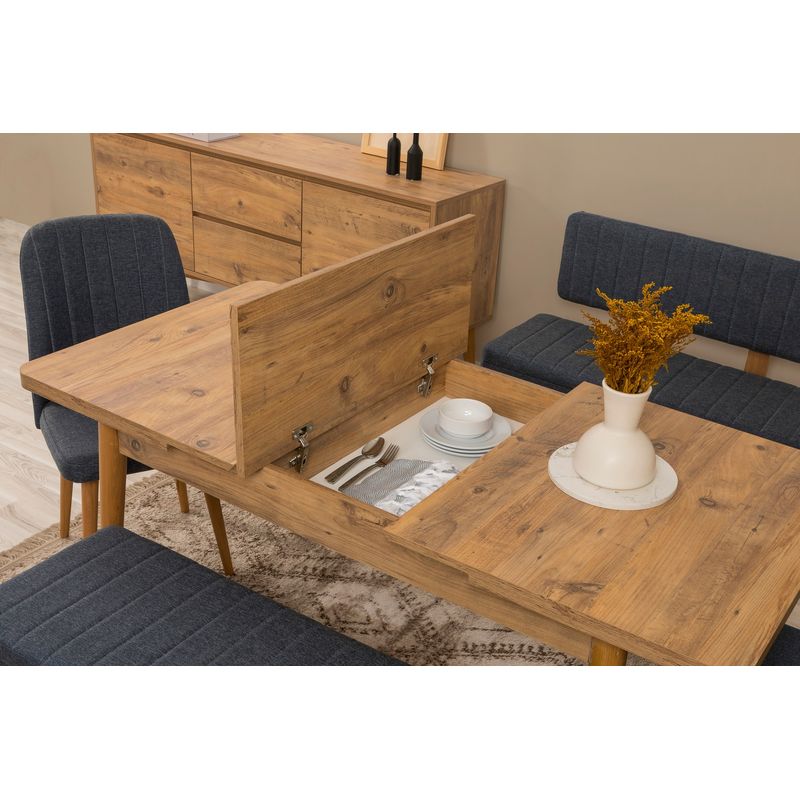 Casa si Gradina - Mobilier - Seturi de mobilier - Seturi living - Set masă extensibilă (6 bucăți), scaune/consolă Hanah Home, PAL melaminat, 130 x 80 x 76 cm, atlantic pine/albastru închis, 869VEL8773 - Infinity.ro