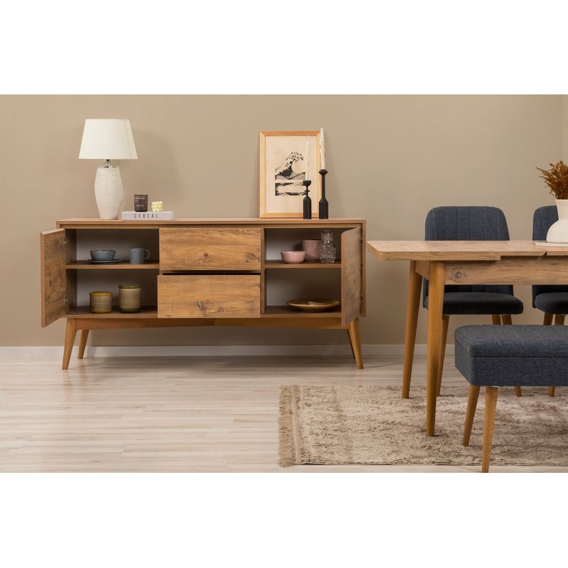 Casa si Gradina - Mobilier - Seturi de mobilier - Seturi living - Set masă extensibilă (6 bucăți), scaune/consolă Hanah Home, PAL melaminat, 130 x 80 x 76 cm, atlantic pine/albastru închis, 869VEL8773 - Infinity.ro