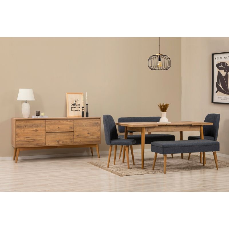 Casa si Gradina - Mobilier - Seturi de mobilier - Seturi living - Set masă extensibilă (6 bucăți), scaune/consolă Hanah Home, PAL melaminat, 130 x 80 x 76 cm, atlantic pine/albastru închis, 869VEL8773 - Infinity.ro