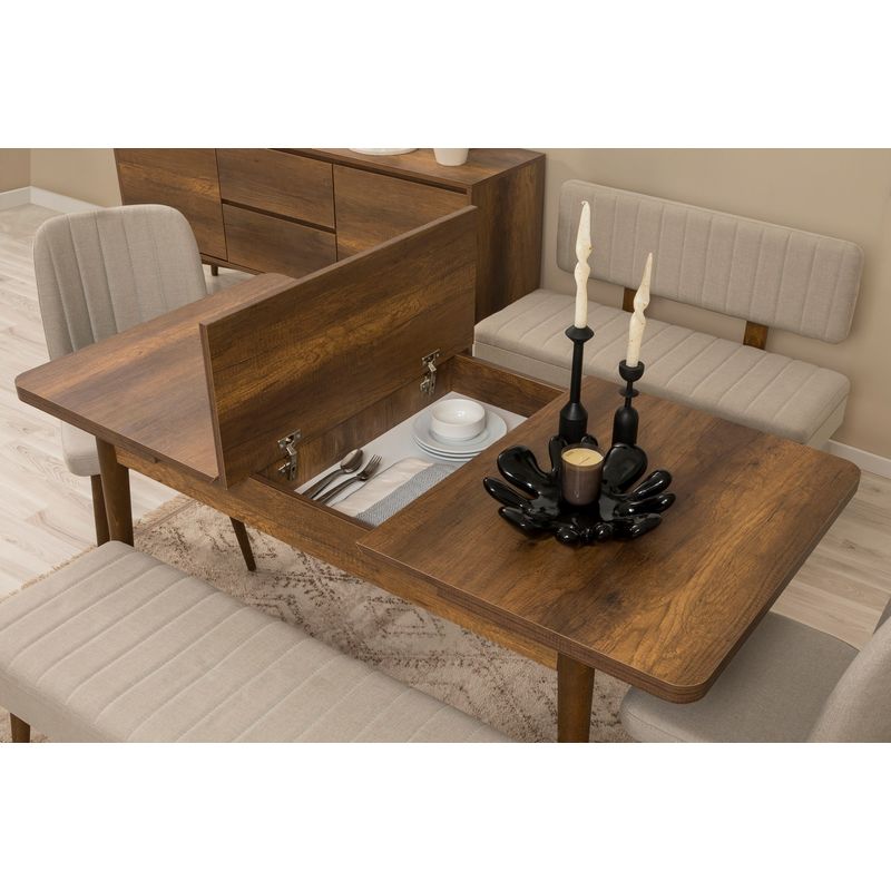 Casa si Gradina - Mobilier - Seturi de mobilier - Seturi living - Set masă extensibilă (6 bucăți), scaune/consolă Hanah Home, PAL melaminat, 130 x 80 x 76 cm, nuc/crem, 869VEL8777 - Infinity.ro