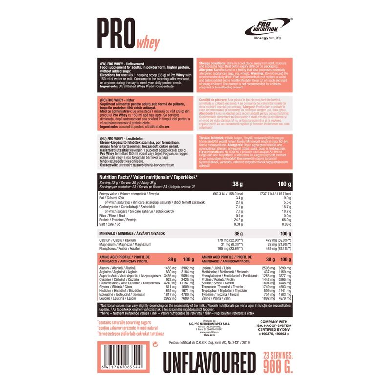 Ingrijire personala si Cosmetice - Sanatate si wellness - Nutritie sportiva - Proteine - Concentrat proteic, Pro Whey, Natur, 900g - Infinity.ro