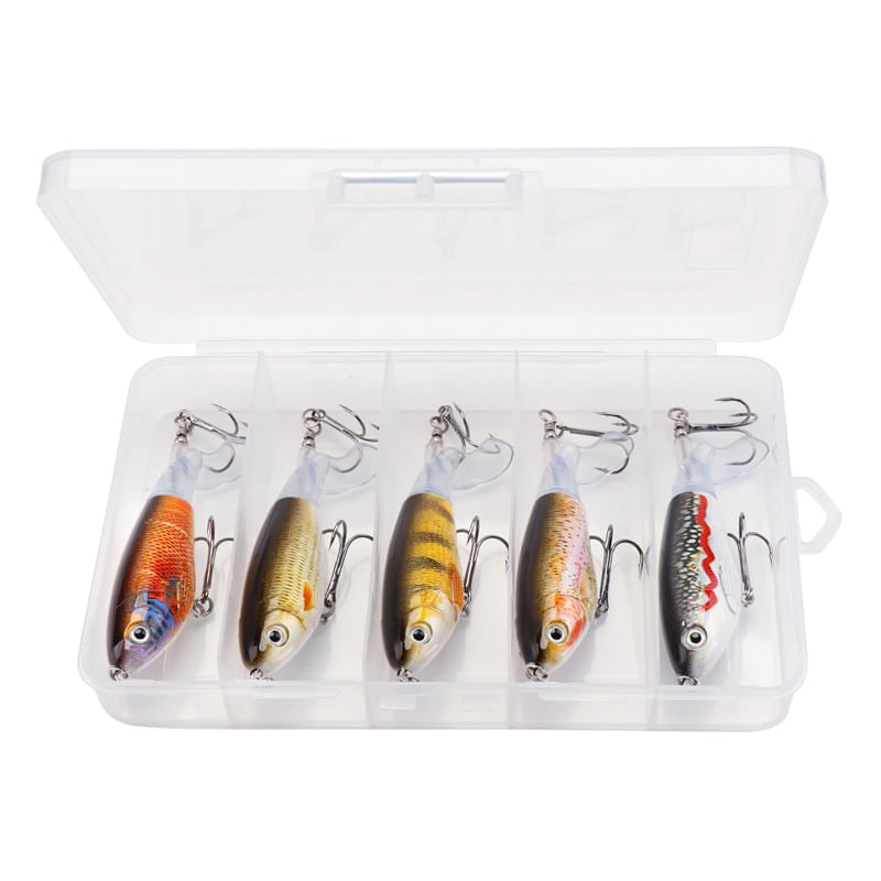 Sport si Outdoor - Sporturi acvatice - Pescuit - Nade si momeli - Set 5 momeli Whopper Poppers 8cm 14g, naluci de pescuit la stiuca, clean si somn, vobler de suprafata cu coada rotativa, model 1 - Infinity.ro