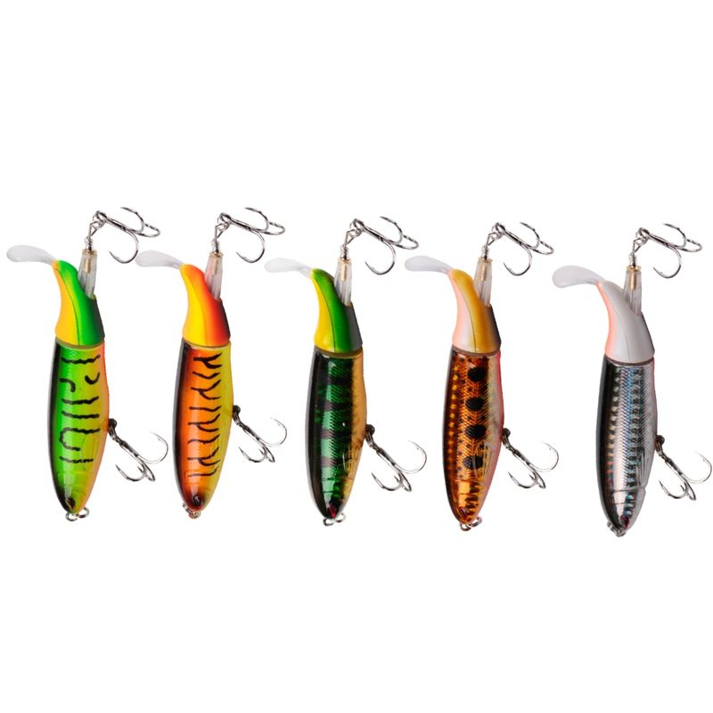 Sport si Outdoor - Sporturi acvatice - Pescuit - Nade si momeli - Set 5 voblere coada rotativa, whopper plopper, suprafata, multicolor, floating, pescuit la rapitor, stiuca, somn, momeli plutitoare 14cm, 35gr - Infinity.ro