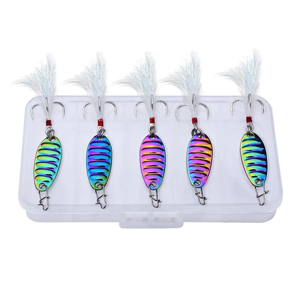 Set 5 momeli pescuit la adancime FISHINGBOX MAKE FISHING BETTER, 5 gramaje diferite, culoarea curcubeu reflectorizant, ancore cu pene