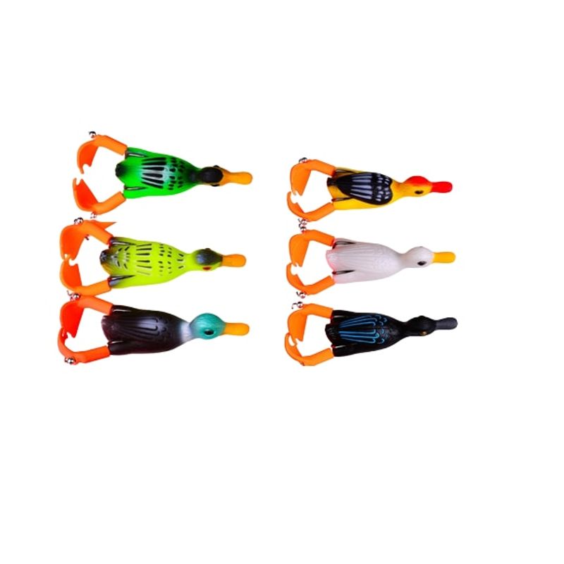 Sport si Outdoor - Sporturi acvatice - Pescuit - Nade si momeli - Set 6 momeli pescuit la rapitor, FISHINGBOX MAKE FISHING BETTER, vobler boboc de rata din silicon cu picioare rotative, stiuca, somn, culori naturale - Infinity.ro