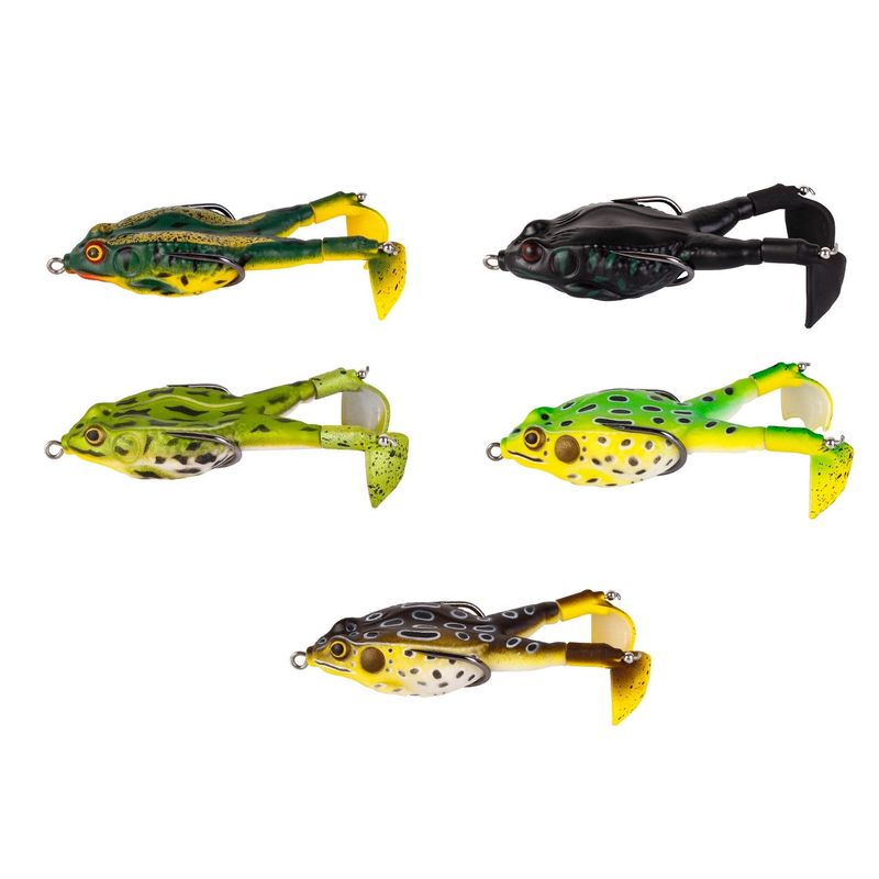 Sport si Outdoor - Sporturi acvatice - Pescuit - Nade si momeli - Set 5 broscute picioare rotative, silicon, suprafata, pescuit la stiuca si somn, floatint, culori naturale, 9cm 13.6g - Infinity.ro