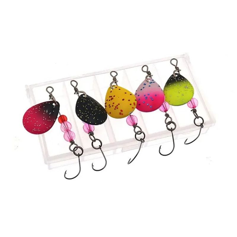 Sport si Outdoor - Sporturi acvatice - Pescuit - Nade si momeli - Set 5 lingurite pescuit 2.3g 6.5cm Fishingbox, naluci pastrav biban clean, spinning, cutie inclusa - Infinity.ro