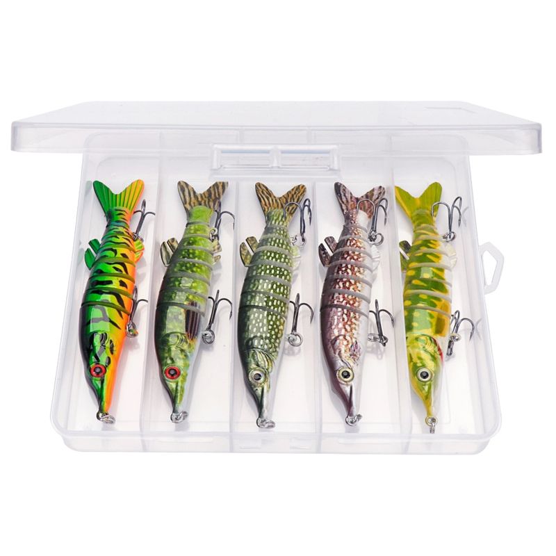 Sport si Outdoor - Sporturi acvatice - Pescuit - Nade si momeli - Set 5 voblere articulate pentru stiuca, 8 segmenti, FISHINGBOX MAKE FISHING BETTER, 12,5cm, 18gr, sinking, multicolor - Infinity.ro