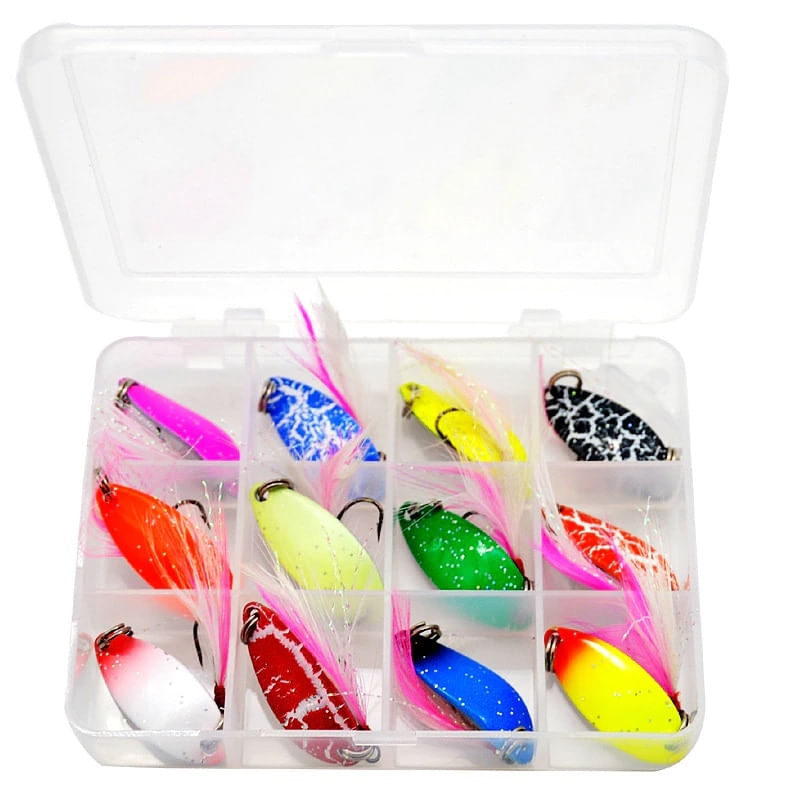Sport si Outdoor - Sporturi acvatice - Pescuit - Nade si momeli - Set 12 lingurite oscilante metal FISHINGBOX, rapitor, spinning, pastrav clean biban stiuca, ultralight - Infinity.ro