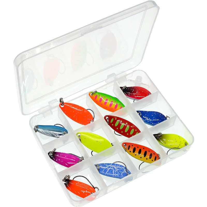 Sport si Outdoor - Sporturi acvatice - Pescuit - Nade si momeli - Set 12 lingurite metalice FISHINGBOX, momeli rapitori, spinning, pastrav biban avat stiuca, ultralight - Infinity.ro