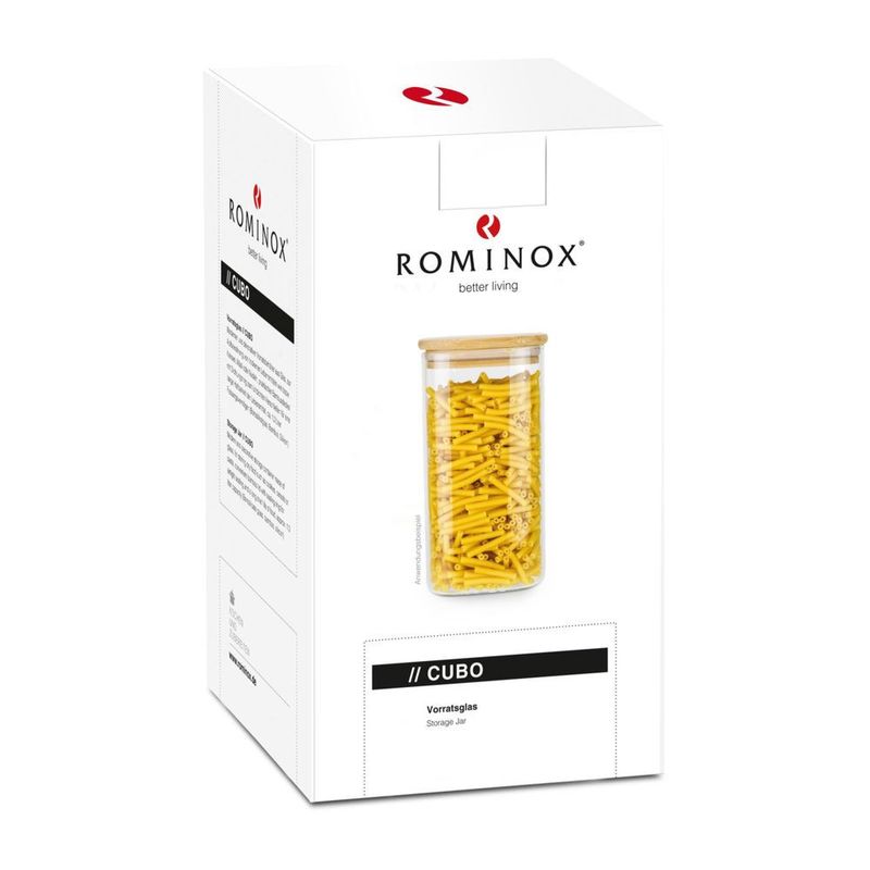 Casa si Gradina - Bucatarie si vesela - Organizare si depozitare bucatarie - Borcane si capace - Borcan depozitare Rominox Cubo, 1,3 L, sticla borosilicata, capac bambus, etansare - Infinity.ro