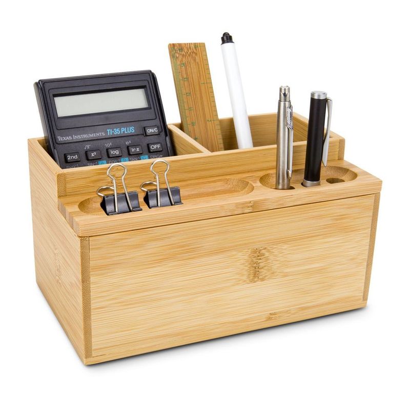 Carti si Birotica - Birotica - Accesorii de birou - Suporturi accesorii birou - Organizator birou Rominox Butler, bambus, 3 compartimente, tava detasabila, design compact - Infinity.ro