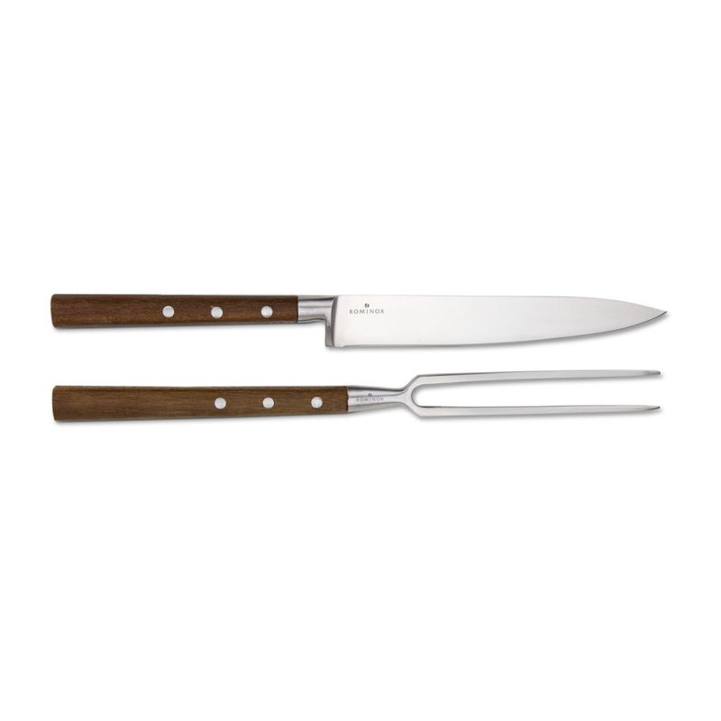 Casa si Gradina - Bucatarie si vesela - Vesela si tacamuri - Cutite si seturi de cutite - Set transare Rominox Scolpi, cutit si furculita, lemn piersic, cutie cadou, 32 cm, inox - Infinity.ro