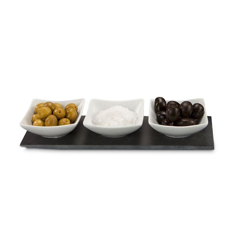 Casa si Gradina - Bucatarie si vesela - Vesela si tacamuri - Farfurii si boluri - Set servire Rominox Tre Ardesia, 3 boluri ceramica, placa ardezie, aperitive si sosuri - Infinity.ro