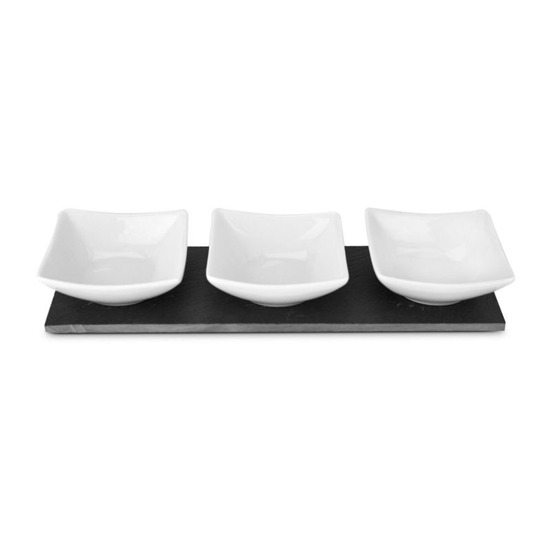 Casa si Gradina - Bucatarie si vesela - Vesela si tacamuri - Farfurii si boluri - Set servire Rominox Tre Ardesia, 3 boluri ceramica, placa ardezie, aperitive si sosuri - Infinity.ro